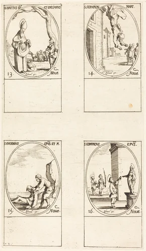 St. Brice; St. Serapion; St. Eugenius; St. Edmund by Jacques Callot, print, 1627-1637