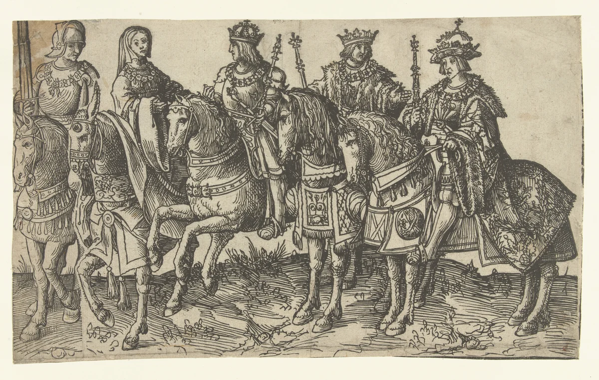 Karel de Stoute, Maria van Bourgondië, Maximiliaan I, Filips de Schone en Karel V by Jacob Cornelisz van Oostsanen, print, 1519-1550