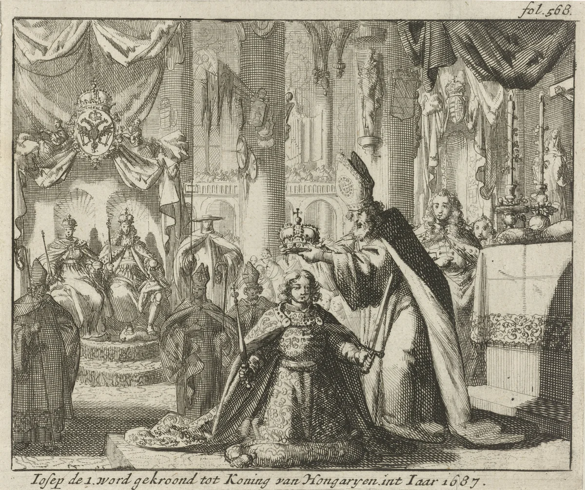 Kroning van Jozef I tot koning van Hongarije, 1687 by Jan Luyken, print, 1689
