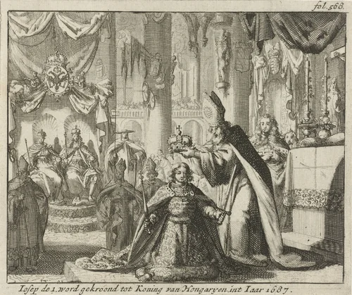 Kroning van Jozef I tot koning van Hongarije, 1687 by Jan Luyken, print, 1689