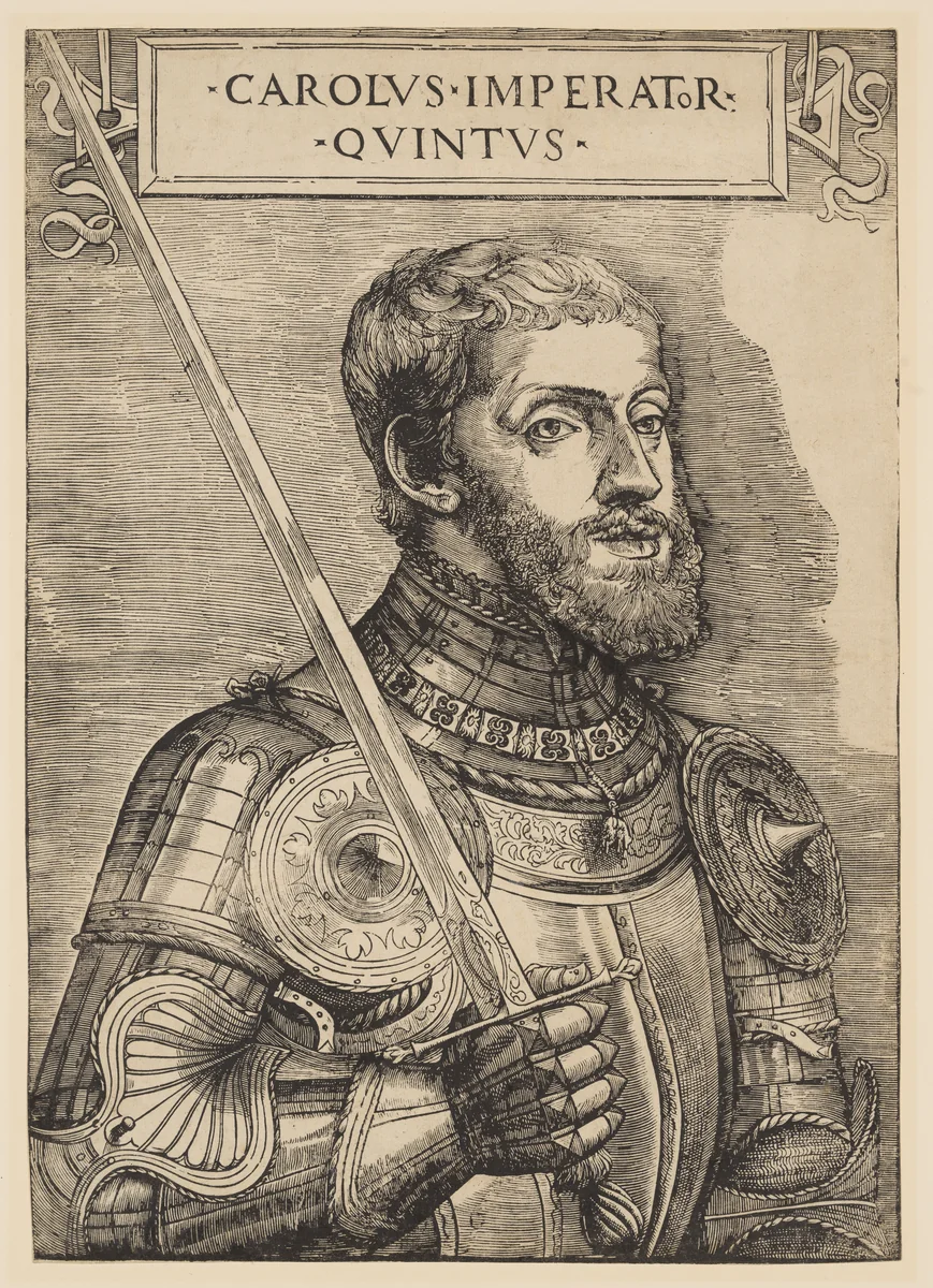Charles V, bust length, holding a sword, facing right by Giovanni Britto, print, 1535-1545