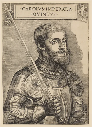 Charles V, bust length, holding a sword, facing right by Giovanni Britto, print, 1535-1545