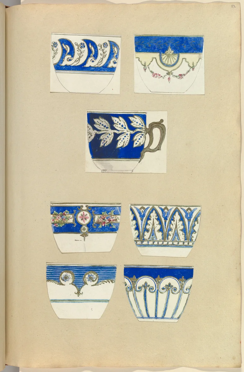 Seven Designs for Decorated Cups by Alfred Forrester, drawing, 1845-1855