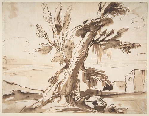 Landscape with Two Men Under a Tree. by Pier Francesco Mola, drawing, 1612-1666