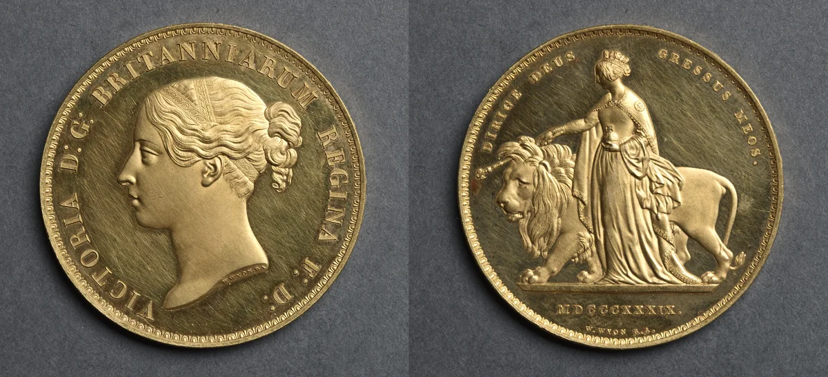 Five Pound Piece: Victoria (obverse); Una (reverse) by William Wyon, metalwork, 1839