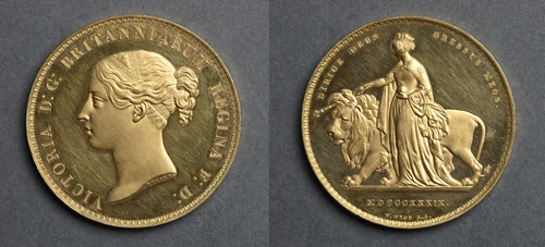 Five Pound Piece: Victoria (obverse); Una (reverse) by William Wyon, metalwork, 1839