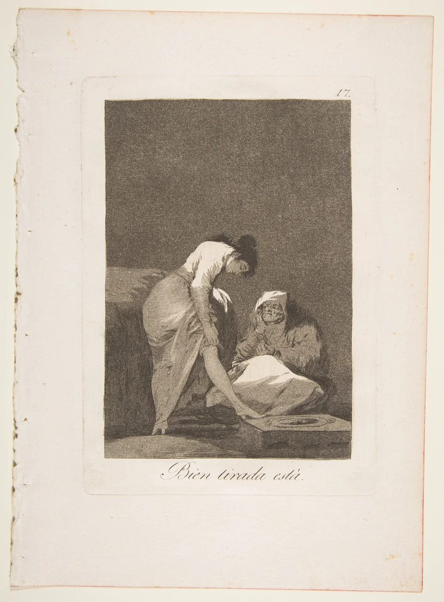 Plate 17 from "Los Caprichos": It is nicely stretched (Bien tirada está) by Goya, print, 1799