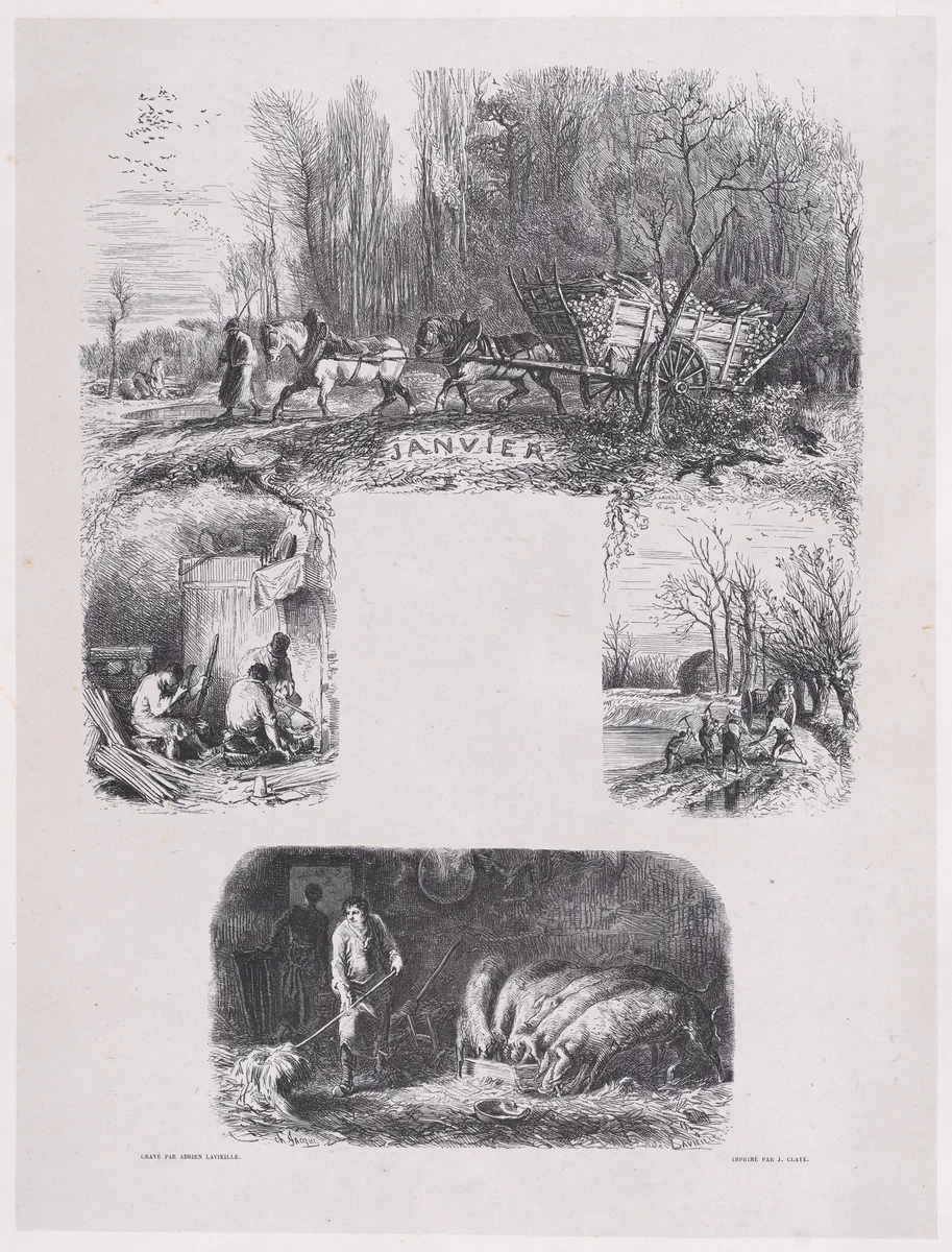 January, from "Album of Rustic Subjects" by Charles Jacque, print, 1859