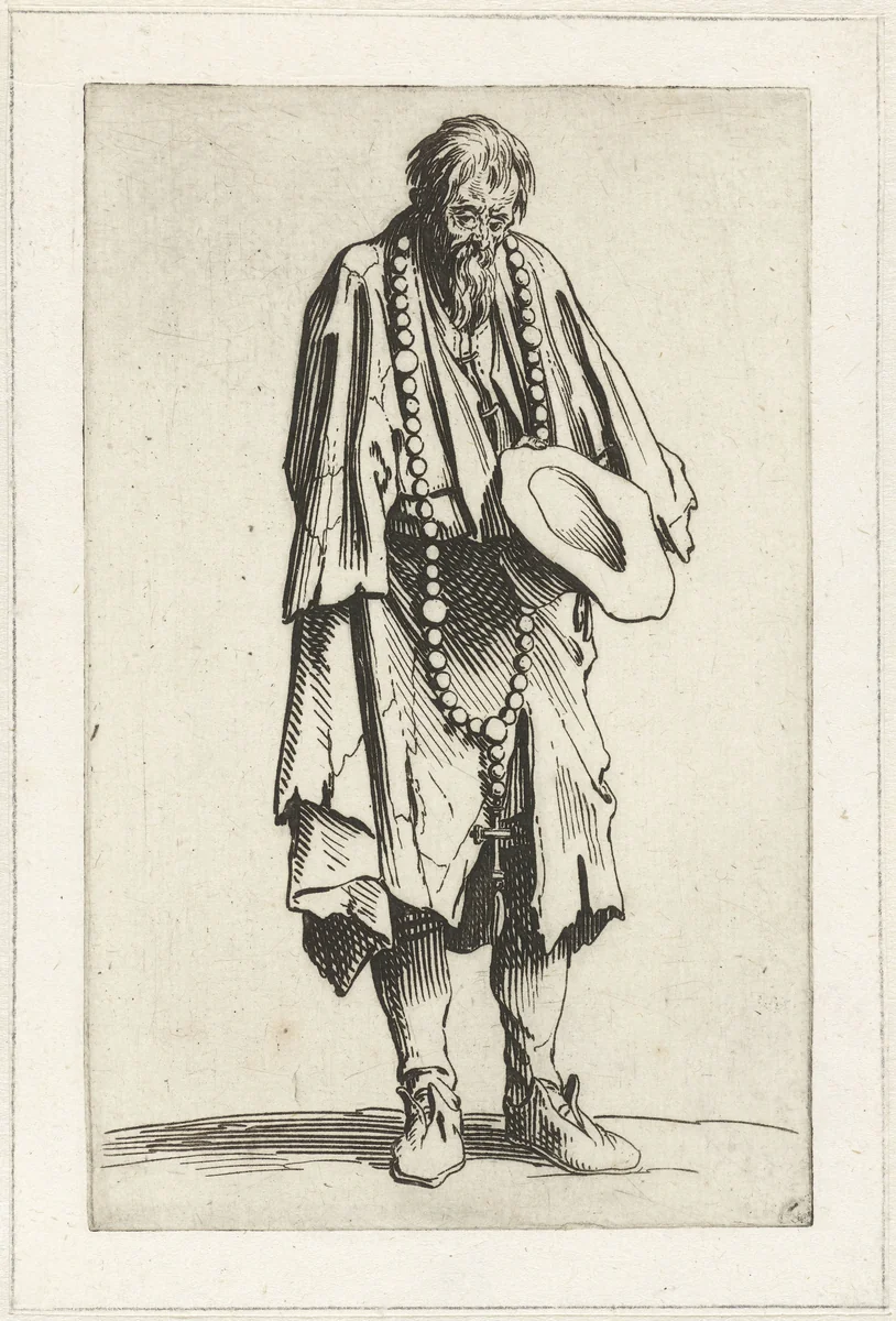 Bedelaar met een rozenkrans by Jacques Callot, print, 1622-1623