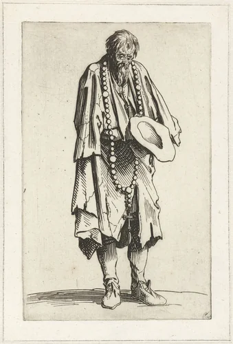 Bedelaar met een rozenkrans by Jacques Callot, print, 1622-1623