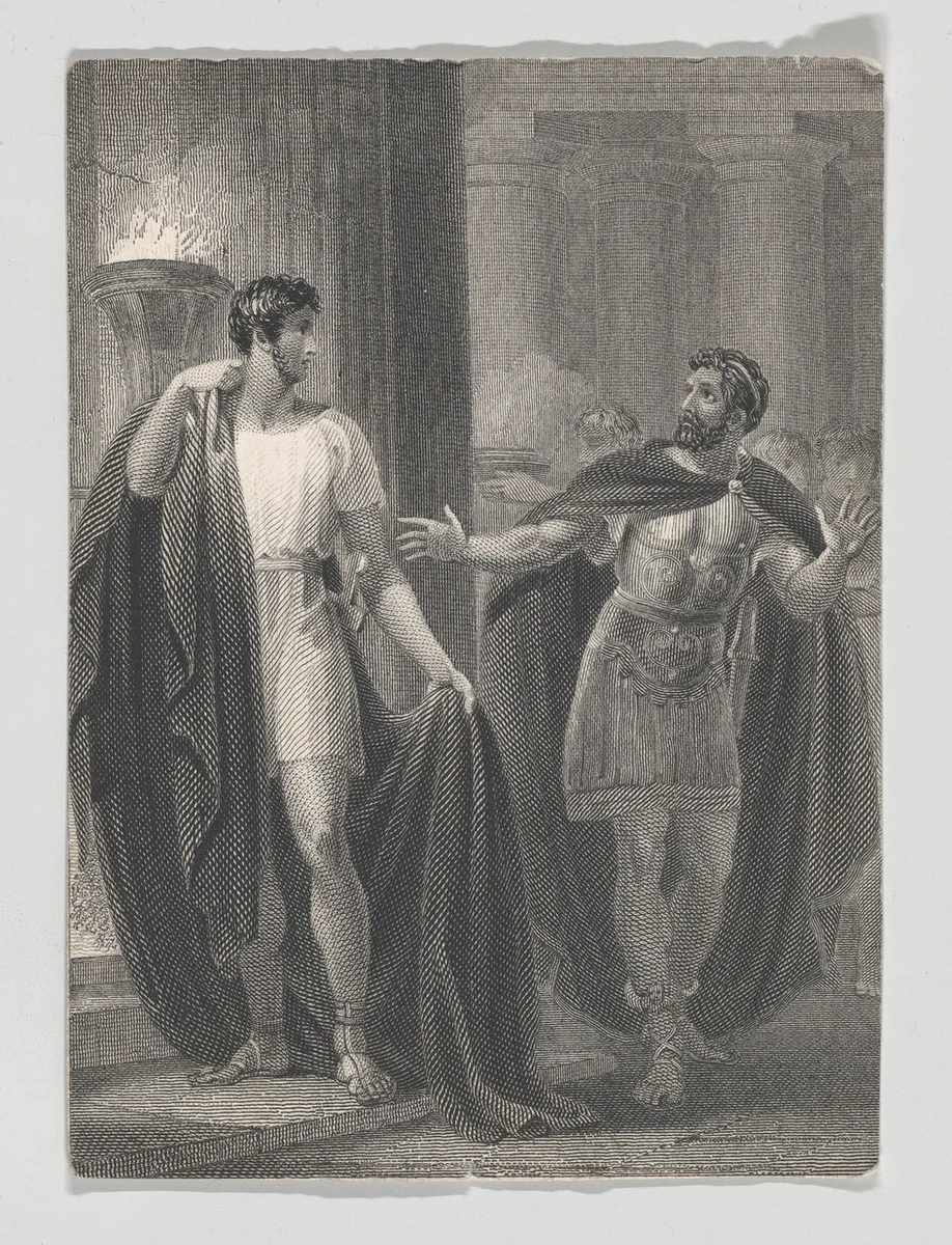 Coriolanus and Aufidius (Shakespeare, Coriolanus, Act 4, Scene 5) by Charles Heath, print, 1825-1840