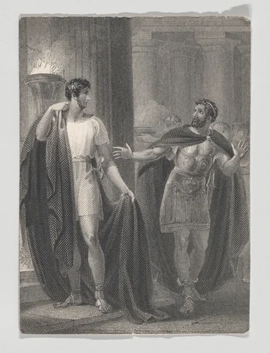 Coriolanus and Aufidius (Shakespeare, Coriolanus, Act 4, Scene 5) by Charles Heath, print, 1825-1840