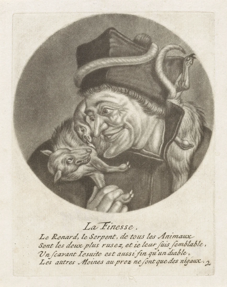 Geestelijke met een slang en een vos by Jacob Gole, print, 1670-1724