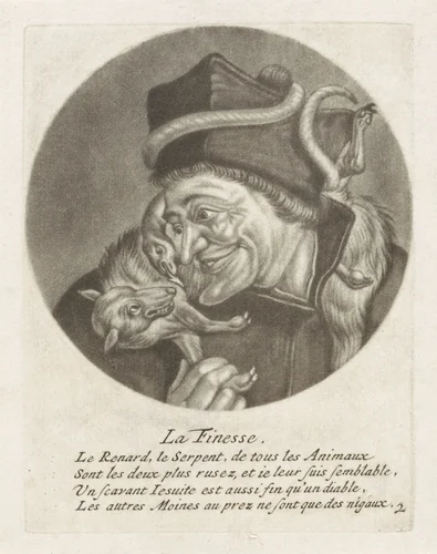 Geestelijke met een slang en een vos by Jacob Gole, print, 1670-1724