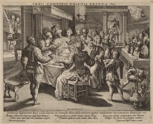 Belshazzar's Feast by Crispijn van de Passe I, Maarten de Vos, print, 1565-1637