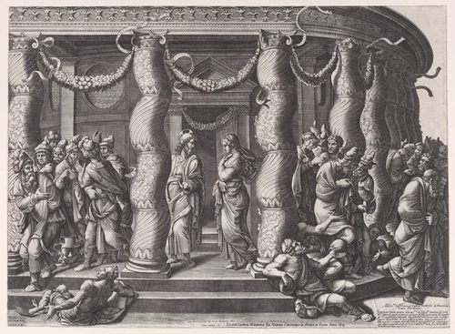 Christ and the woman taken in adultery by Diana Scultori, print, 1575-1633