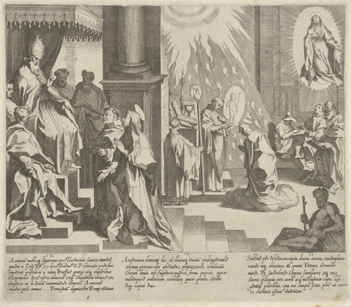 Catharina vraagt paus Gregorius XI om terug te keren naar Rome / Christus verschijnt aan Catharina / Catharina verschijnt aan geleerden by Pieter de Jode, print, 1597
