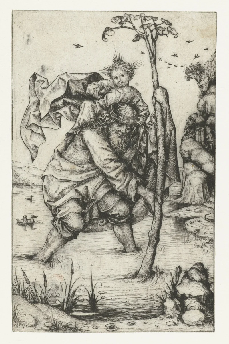 Heilige Christoffel ('grote versie') by Meester van het Amsterdamse Kabinet, print, 1480-1485