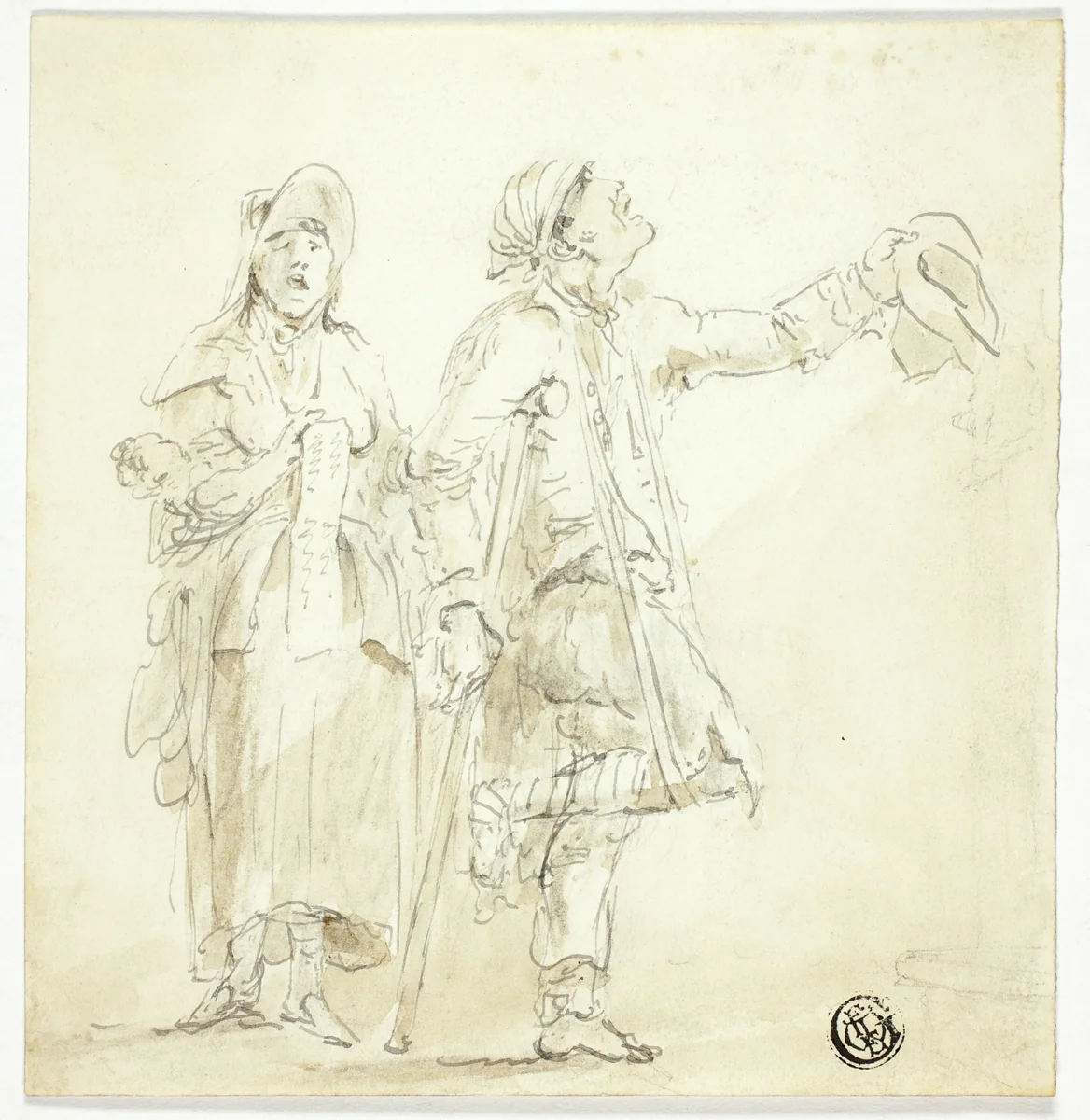 Man on Crutches Begging, with Woman Singing and Holding Baby by Unknown Artist, drawing, 1700-1799