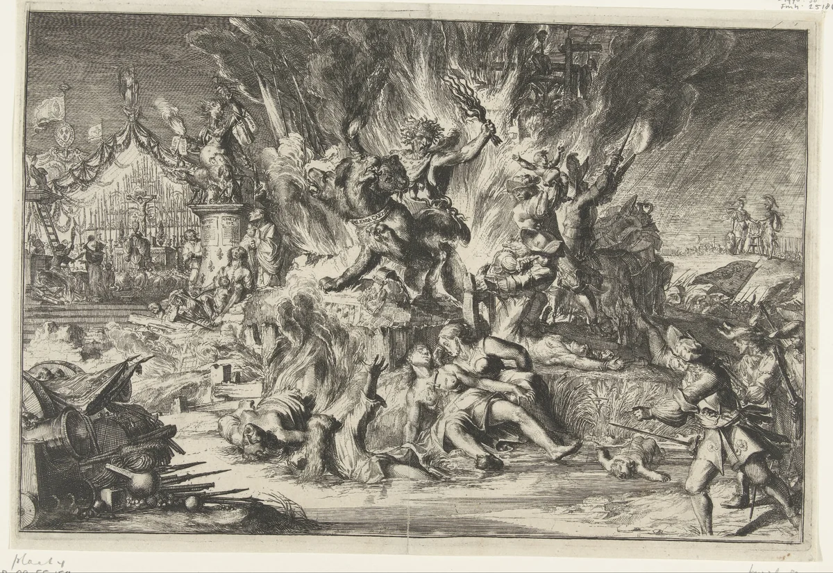 Oorlog en tirannie teisteren Nederland by Romeyn de Hooghe, print, 1674