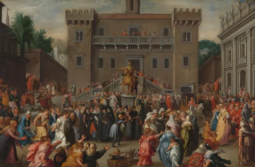 The Women of Rome Gathering at the Capitol by Pieter Isaacsz, painting, 1600-1602