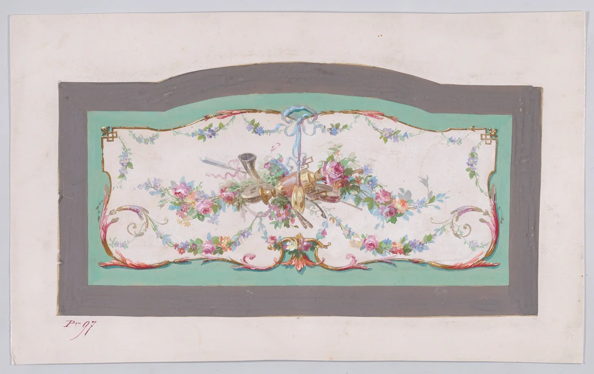 Design for a Sofa Back Cover (?) with an Ornamental Frame Containing a Large Horizontal Garland of Flowers and Leaves with Musical Instruments and a Vase, Decorated with Acanthus Leaves and Two Fleurs de Lys by anonymous, drawing, 1870-1900