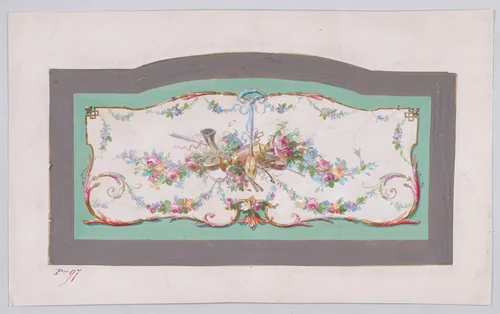 Design for a Sofa Back Cover (?) with an Ornamental Frame Containing a Large Horizontal Garland of Flowers and Leaves with Musical Instruments and a Vase, Decorated with Acanthus Leaves and Two Fleurs de Lys by anonymous, drawing, 1870-1900