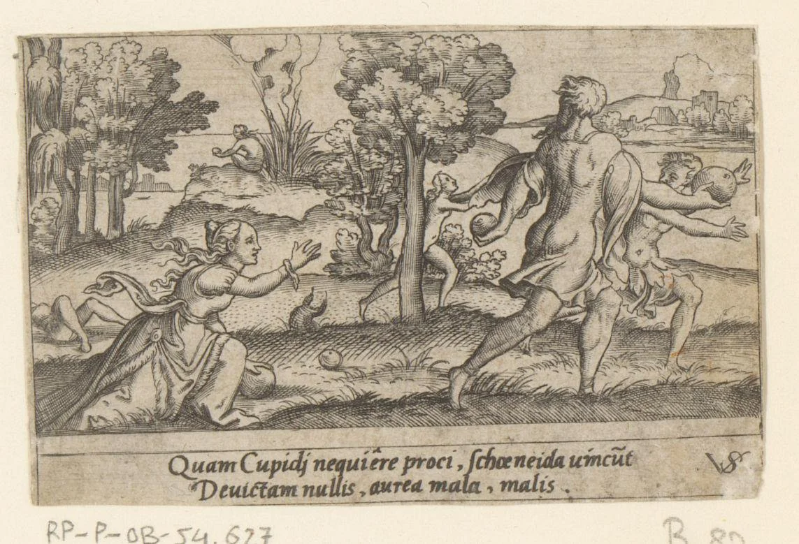 Hippomenes wint de hardloopwedstrijd tegen Atalanta by Unknown, print, 1524-1562