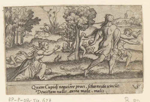 Hippomenes wint de hardloopwedstrijd tegen Atalanta by Unknown, print, 1524-1562
