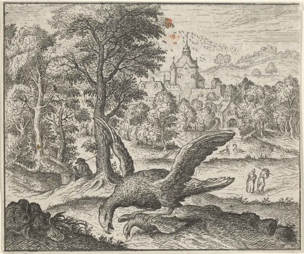 Fabel van de gier en de nachtegaal by Aegidius Sadeler, print, 1608