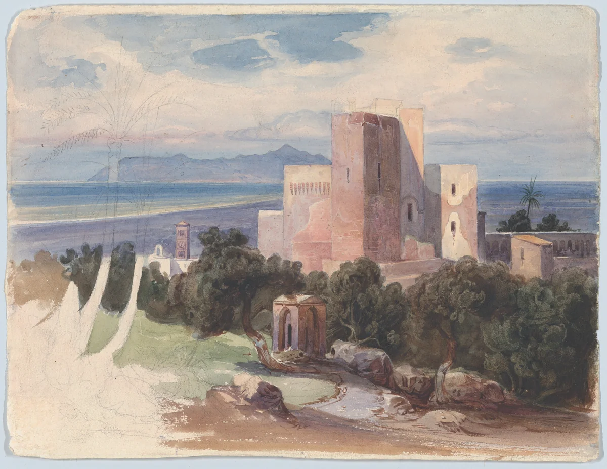 View on Terracina with Mount Circeo (recto); View of the Roman Campagna with an Aquaduct (verso) by Carl von Blaas, drawing, 1835-1894