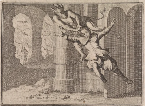 Soldaat wordt door een duivel naar de hel gesleept omdat hij weigerde te biechten by Caspar Luyken, print, 1710