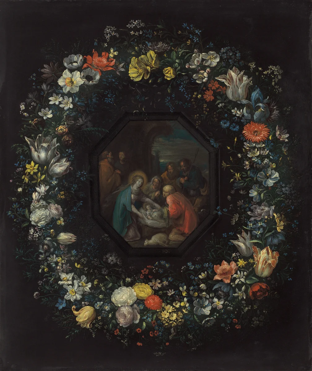 Garland of Flowers with Adoration of the Shepherds by Frans Francken the Younger, painting, 1625-1630