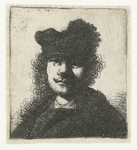 Self-portrait in a cap and dark cloak: bust by Rembrandt van Rijn, print, 1631