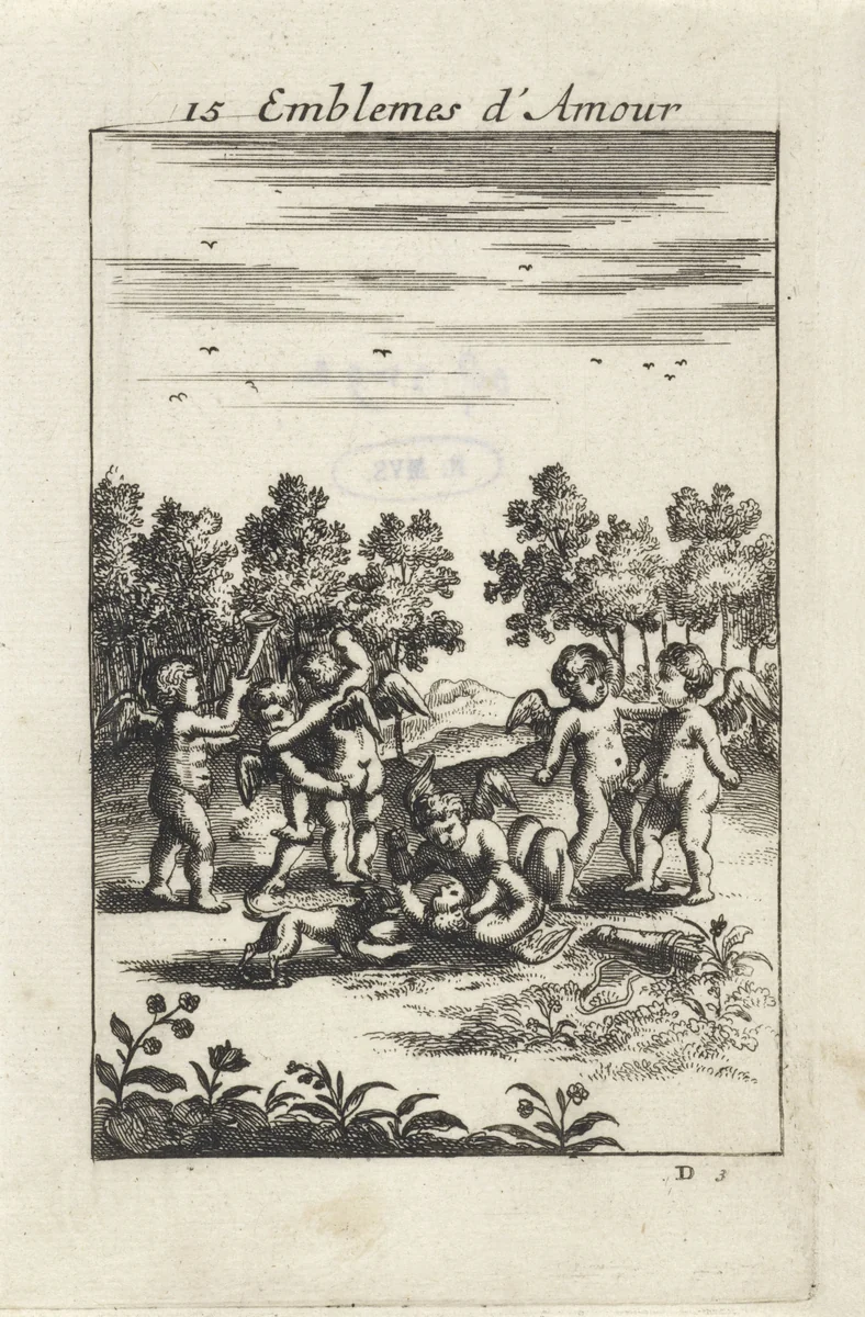 Stoeiende putti in een landschap by Jan van Vianen, print, 1686