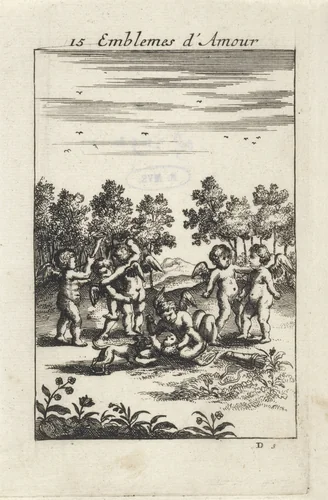 Stoeiende putti in een landschap by Jan van Vianen, print, 1686
