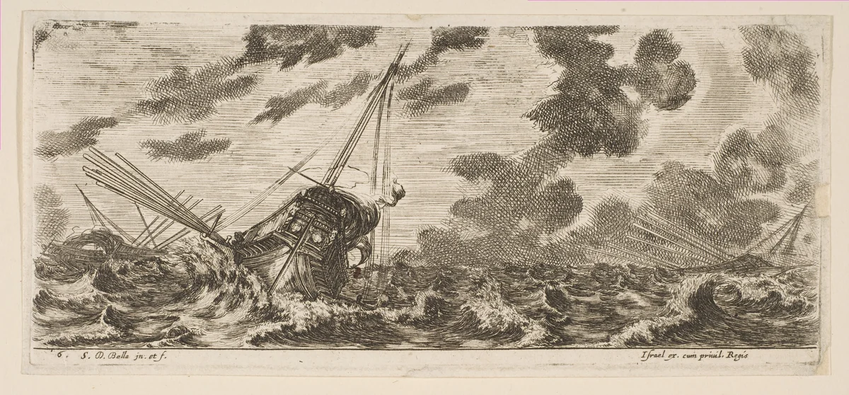 Plate 6: three ships in a storm, from 'Various Embarkations' (Divers embarquements) by Stefano della Bella, print, 1641-1652