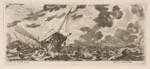 Plate 6: three ships in a storm, from 'Various Embarkations' (Divers embarquements) by Stefano della Bella, print, 1641-1652