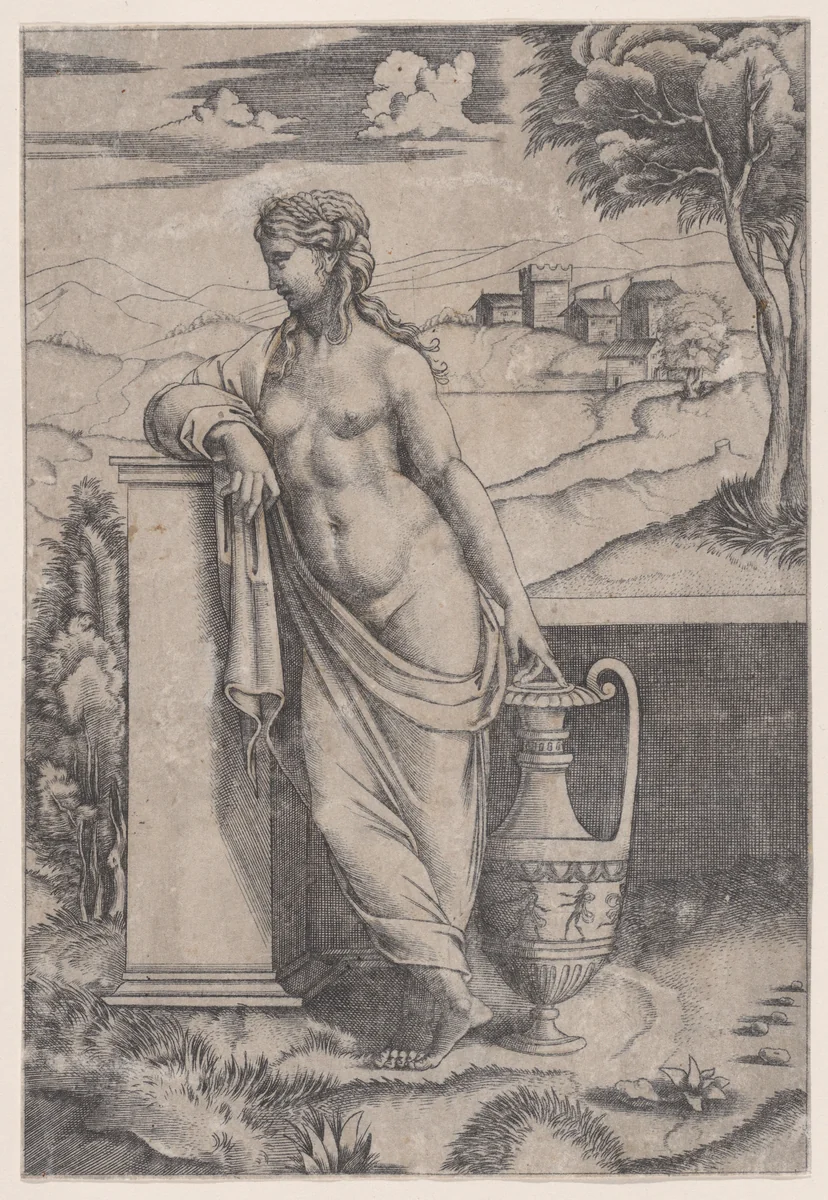 Woman Standing near a Vase by Agostino Veneziano, print, 1514-1536