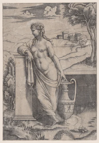 Woman Standing near a Vase by Agostino Veneziano, print, 1514-1536