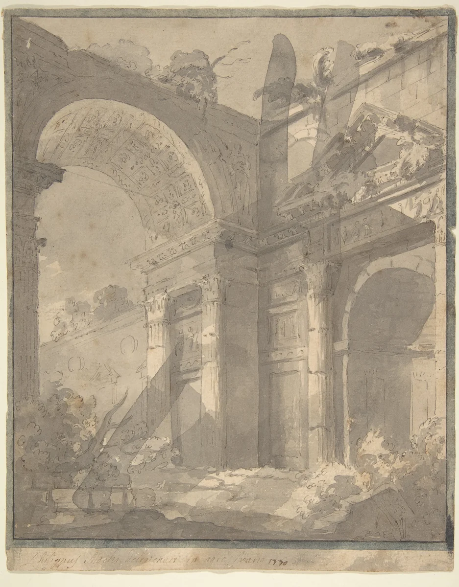 View of Ancient Roman Ruins, an Arch and a Triangular-Pedimented Doorway by Filippo Mochi, drawing, 1700-1800