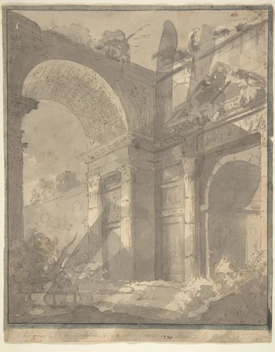 View of Ancient Roman Ruins, an Arch and a Triangular-Pedimented Doorway by Filippo Mochi, drawing, 1700-1800