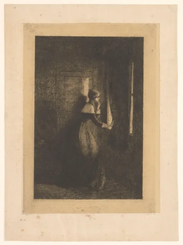 Jonge vrouw kijkt langs een gordijn naar buiten by Guillaume Joseph Vertommen, print, 1850
