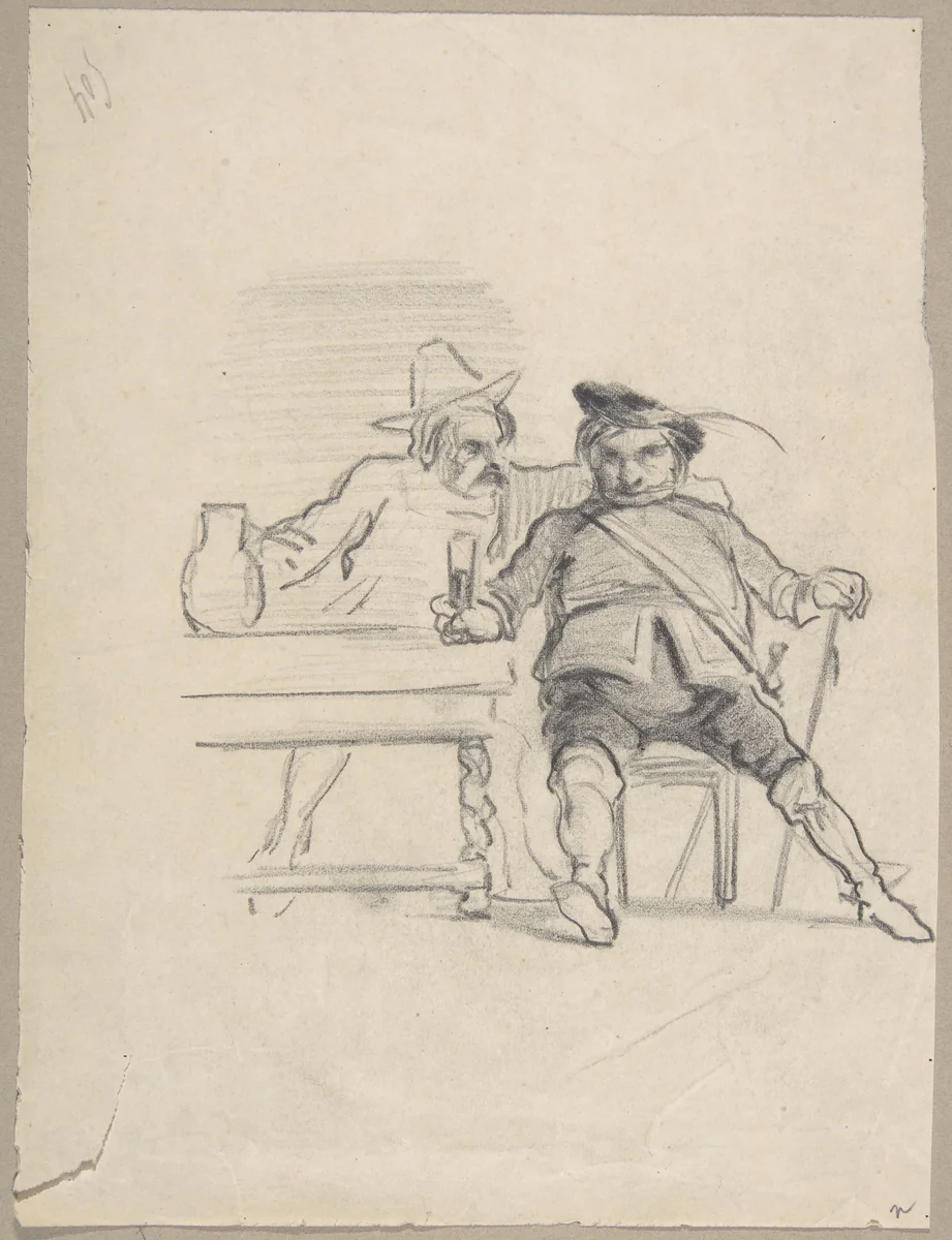 Two male figures seated at a table, drinking by Félicien Rops, drawing, 1833-1898