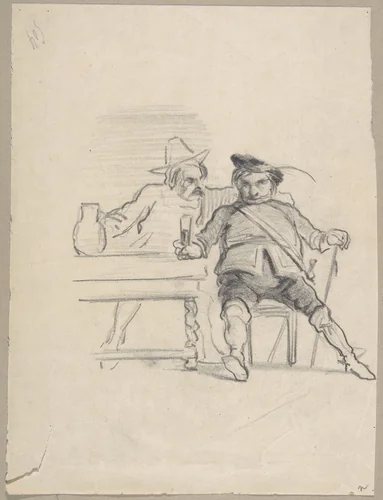 Two male figures seated at a table, drinking by Félicien Rops, drawing, 1833-1898