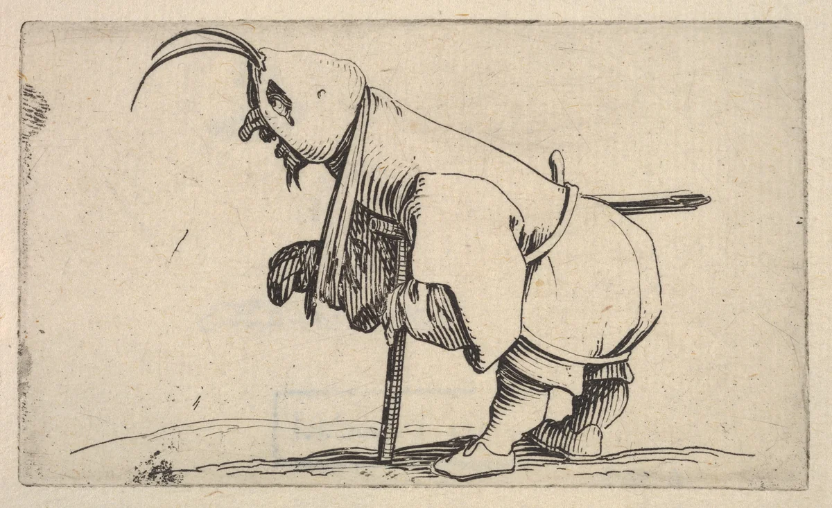 Hooded small figure hunched over a crutch, in profile view with left leg positioned forward and sword affixed to right hip, from "Varie Figure Gobbi" by Jacques Callot, print, 1621-1625