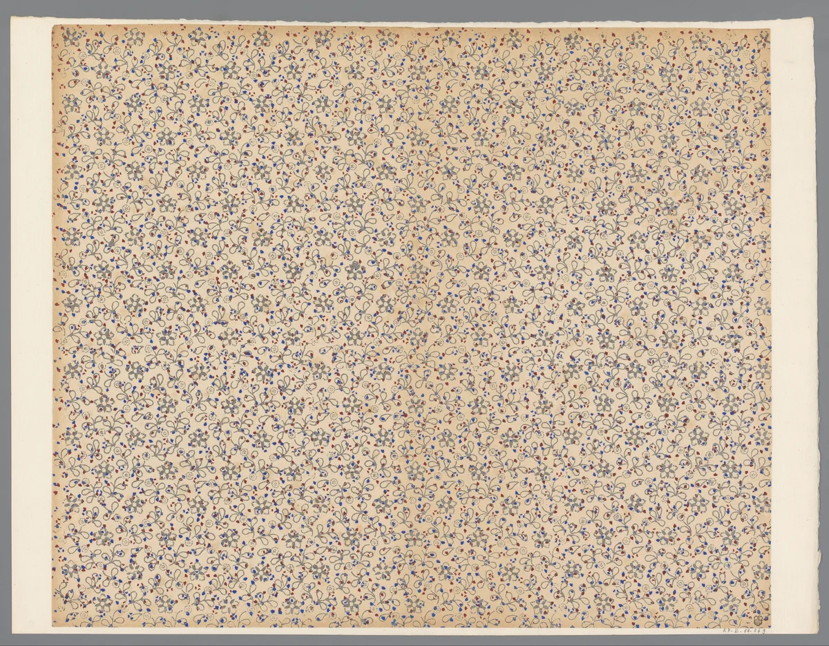 Blad met strooipatroon van ranken met bloemen over bladmotief by anonymous, print, 1800-1900