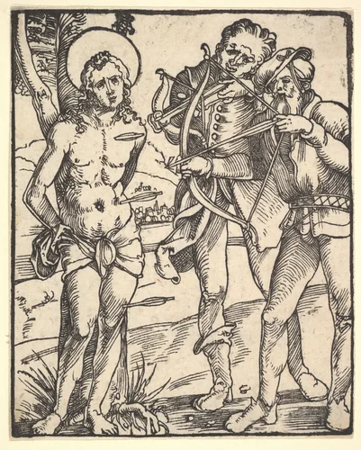 Martyrdom of St. Sebastian with Two Crossbow Men by Hans Baldung, print, 1500-1545