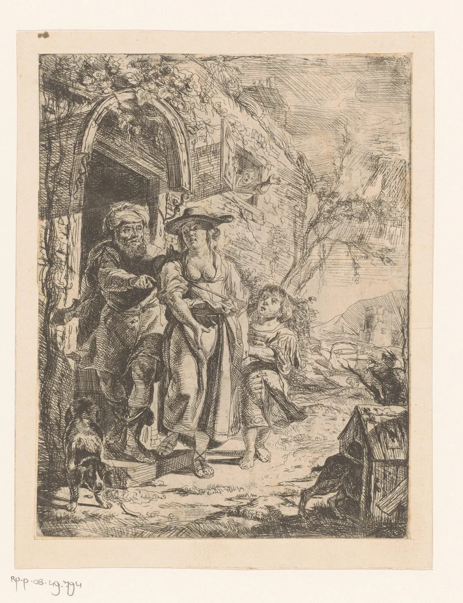 Vrouw en kind weggestuurd door man in deuropening by Johann Schumer, print, 1700-1799