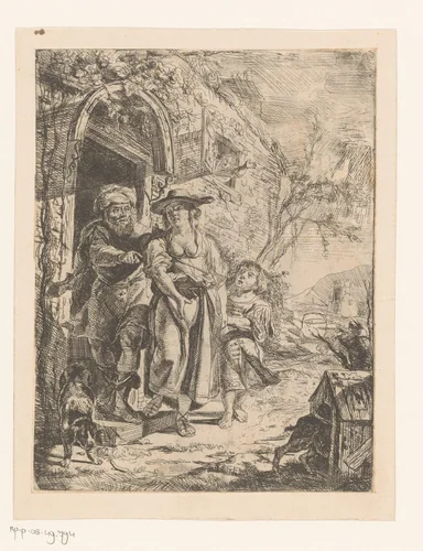 Vrouw en kind weggestuurd door man in deuropening by Johann Schumer, print, 1700-1799